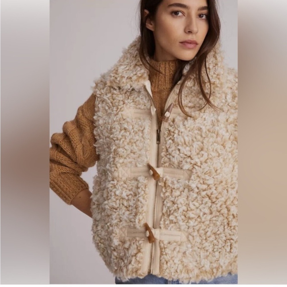 Anthropologie Faux Shearling Fur Vest Toggle Sherpa Teddy Sweater Women's Size S